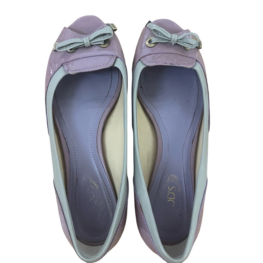 TOD’S Patent Leather Lavender & Gray Peep Toe Flats w/ Bow Sz 38 US 7/7.5 luxury - Picture 7 of 12